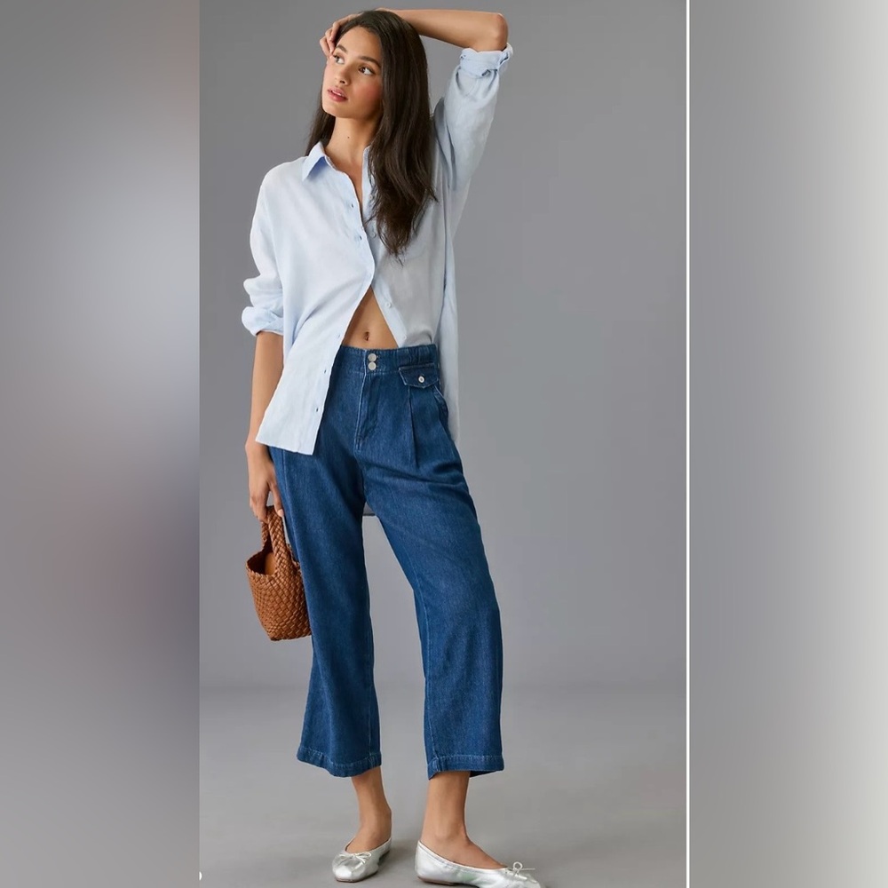 Anthropologie Pilcro Mid-Rise Pleated Trouser denim jean’s preppy baggy 29 EUC - Picture 3 of 16